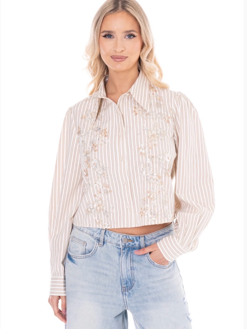 Elegant Embellished Cropped Button Down | Beaded Sequin Detail | SM117 - Picture 4 of 5